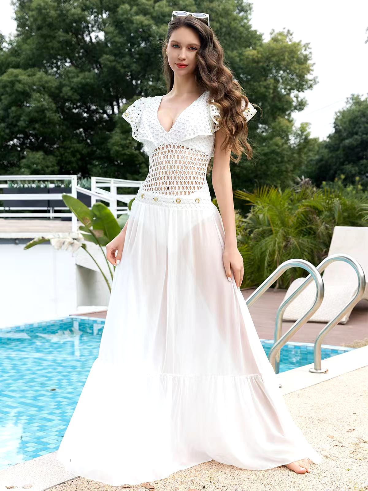 White Mesh Ruffle One-piece Swimsuit And Boho Long Skirt Set For