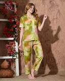 Nitequeen Olive Green Watercolour Abstract Print Satin Nightsuit