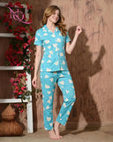 Nitequeen Aqua Blue Floating Hearts Print Rayon Cotton Nightsuit | Women's Co-ord Pyjama Set