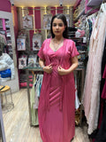 NiteQueen Women's Satin Lace Nighty with Matching Robe – Deep Pink