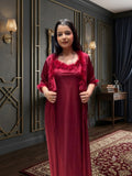 2Pc Fur Night Gown Set in Lycra Satin | NITEQUEEN BY NEELIMA