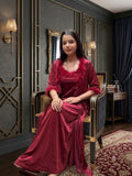 2Pc Fur Night Gown Set in Lycra Satin | NITEQUEEN BY NEELIMA