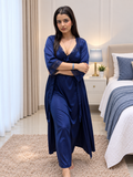 💙 Navy Blue Satin Nighty for Women | Soft Silk-Feel Short Sleeve Nightdress | NITEQUEEN BY NEELIMA