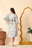Nitequeen Flower Printed Navy Blue Satin Kaftan