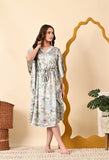 Nitequeen Flower Printed Navy Blue Satin Kaftan