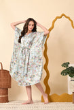 Nitequeen Flower Printed Navy Blue Satin Kaftan