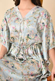 Nitequeen Flower Printed Navy Blue Satin Kaftan