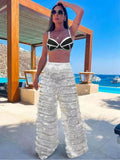 Women’s Contrast Crop Top with White Fringe Wide Leg Pants
