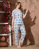 Nitequeen Blue Floral Print Rayon Cotton Nightsuit Co-ord Set