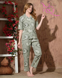 Nitequeen Sage Green Contour Hearts Print Rayon Cotton Nightsuit