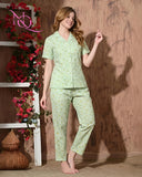 Nitequeen Mint Green Floral Grid Print Rayon Cotton Nightsuit