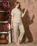 Nitequeen Cream Yellow Sunflower Grid Print Rayon Cotton Nightsuit