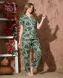 Nitequeen Olive Green Graffiti Hearts Print Rayon Cotton Nightsuit