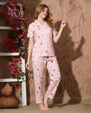 Nitequeen Blush Pink Multicolour Polka Dot Grid Print Rayon Cotton Nightsuit