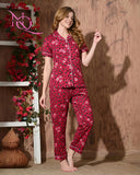 Nitequeen Crimson Red Leopard Floral Print Rayon Cotton Nightsuit