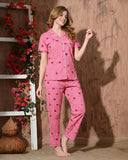 NiteQueen Women’s Pink Printed Cotton Night Suit Set | Soft Half Sleeve Shirt & Pyjama Sleepwear