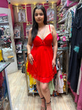 Crimson Lace-Trimmed Babydoll Nightdress