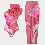 Printed pink flowers monokni set with skirt